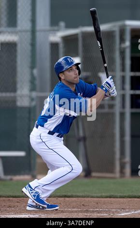 20. Februar 2013 - Surprise, AZ, USA - Anthony Seratelli der Kansas City Royals folgt am Mittwoch, den 20. Februar 2013, in Surprise, Arizona, in einem Intrasquad-Spiel im Frühjahr. (Kreditbild: © John Sleezer/MCT/ZUMAPRESS.com) Stockfoto