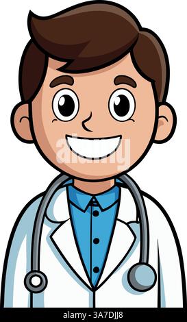 Lächelnder männlicher Arzt mit Stethoskop und weißem Mantel im Cartoon-Stil. Stock Vektor