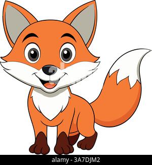 Niedlicher Comic Fuchs mit großen Augen, flauschigem Schwanz und fröhlichem Ausdruck. Stock Vektor