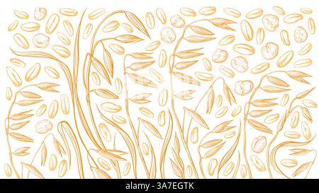 Hafersamen, Stacheln, Flocken Hintergrund. Vektorgravur. Goldenes Feld mit Vintage-Grafik. Bio-Lebensmittel und Bio-Milch. Gesunder Brei Stock Vektor