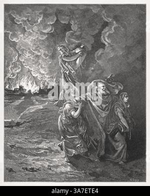 Gravur, der Lot als Sodom und Gomorrah Burn darstellt, hergestellt 1866 von Gustave Doré, um eine Neuausgabe der Heiligen Bibel zu illustrieren. Stockfoto