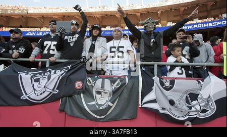28. Oktober 2012 - Kansas City, MO, USA - Fans der Oakland Raiders feiern am Sonntag, 28. Oktober 2012, im Arrowhead Stadium in Kansas City, Missouri, einen Sieg von 26-16 gegen die Kansas City Chiefs. (Kreditbild: © John Sleezer/MCT/ZUMAPRESS.com) Stockfoto
