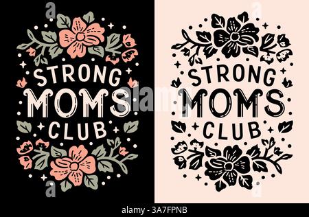 Starke Mütter Club Gewichtheben Mom Squad Crew Team Gruppe Schriftzug Zitate Karte für Muttertag Boho Retro Blumen ästhetisches Text Hemd Design. Stock Vektor