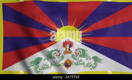 Die Flagge von Tibet winkt im Wind. Realistischer Hintergrund der Tibet-Flagge. 3D-Abbildung Stockfoto