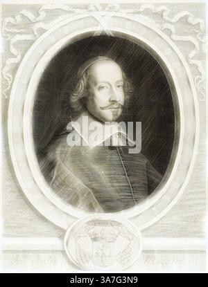Ein angesehener Mann in historischer Kleidung, mit hohem Kragen und eleganter Frisur, blickt selbstbewusst. Er ist in einem reich verzierten Oval eingerahmt, begleitet von dekorativen Elementen und einem Wappen an der Basis, was auf eine edle Abstammung hindeutet., Klassische Kunst mit modernem Twist neu interpretiert von Artotop, Kardinal Mazarin, um 1655, Robert Nanteuil (Französisch, 1623-1678), nach Pieter van Mol (Flämisch, 1599-1650), Frankreich, Gravur auf Papier Stockfoto