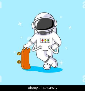 Niedliches Astronaut Skateboarding in Space Cartoon Illustration Vektor, Astronaut hält Skateboard Pose Cartoon Design Stock Vektor