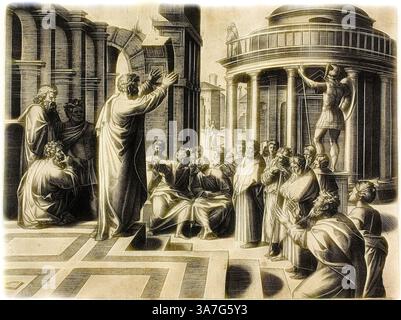 Eine historische Szene zeigt eine Zusammenkunft von Menschen in einer großen architektonischen Umgebung. Im Mittelpunkt des Bildes steht eine Figur mit leidenschaftlicher Geste, während sie eine Gruppe sitzender Zuhörer anspricht, die unterschiedliche Ausdrucksformen von Intrige und Besinnung zeigen. Im Hintergrund steht eine Statue, die das Gefühl der Ehrfurcht und des Diskurses verstärkt., Klassische Kunst mit einem modernen Twist neu interpretiert von Artotop, St. Paul predigt in Athen, 1517/20, Marcantonio Raimondi (italienisch, ca. 1480-1534), nach Raffaello Sanzio (italienisch, 1483-1520), Italien, Gravur in Schwarz auf cremefarbenem Papier Stockfoto