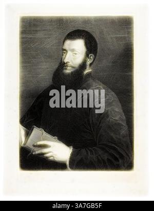 Ein Mann mit einem markanten Bart und einem ernsten Ausdruck hält ein offenes Buch, das in raffinierte Kleidung gekleidet ist, die seinen Status widerspiegelt. Sein nachdenklicher Blick deutet auf eine kontemplative Natur hin, die auf einen akademischen oder edlen Hintergrund hindeutet. Klassische Kunst mit einem modernen Twist, neu interpretiert von Artotop, Portrait of the Poet Pietro Aretino, n.d., Cornelis van Dalen, II (Niederländisch, 17. Jahrhundert), nach Tizian (italienisch, ca. 1488-1576), Niederlande, Gravur auf Papier Stockfoto