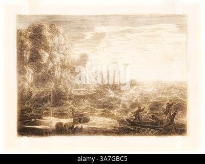 Eine turbulente Meereslandschaft bietet stürzende Wellen und ein Schiff, das gegen einen Sturm kämpft, während kleine Boote durch die abgehackten Gewässer fahren. Im Vordergrund sind Figuren zu sehen, die in Fässern arbeiten, vor einem Hintergrund von wirbelnden Wolken und Tumult., Klassische Kunst mit modernem Twist neu interpretiert von Artotop, The Tempest, 1630, Claude Lorrain, Französisch, 1600-1682, Frankreich, Ätzen auf elfenbeinfarbenem Papier Stockfoto