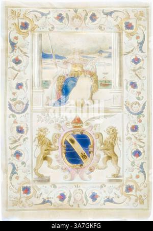 Eine majestätische Figur in kunstvoller Kleidung sitzt majestätisch auf einem Thron und hält ein Schwert. Hinter ihr ist eine ruhige Meereslandschaft zu sehen, während im unteren Teil ein dekorativer Schild von zwei Löwenfiguren flankiert ist. Die komplizierten Blumenränder betonen die Eleganz der Szene. Klassische Kunst mit einem modernen Touch, neu interpretiert von Artotop, Figur der Gerechtigkeit und Schild mit den Löwen zügellos, n.d., Europa, Manuskriptschliff mit Gouache und Goldfarbe, Blattgold und Stift und schwarze und braune Tinte auf Pergament Stockfoto