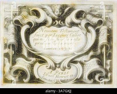 Eine kunstvolle Titelseite mit dekorativen Blüten und einer Engelsfigur oben. Der Text in eleganter Schrift kündigt das von Jacques Callot verfasste „Nouveau Testament“ an, das 1635 in Paris von Israel Henriet veröffentlicht wurde. Die komplizierten Designs und zarten Details spiegeln einen raffinierten historischen Druckstil wider., Klassische Kunst mit modernem Touch neu interpretiert von Artotop, Frontispiece, aus dem Neuen Testament, 1635, Jacques Callot (Französisch, 1592-1635), Kupferstich von Abraham Bosse (Französisch, 1602-1676), herausgegeben von Israël Henriet (Französisch, 1590-1661), Frankreich, Ätzen auf Papier Stockfoto