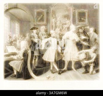 Eine Gruppe elegant gekleideter Figuren präsentiert eine lebendige Szene mit einer Mischung aus Persönlichkeiten und Aktivitäten. Eine Person am Klavier spielt Musik, während andere sich animiert unterhalten und theatralische Gesten zeigen. Die Kulisse zeigt kunstvoll verzierte Rahmen, die klassische Kunstwerke darstellen, die zur allgemeinen Pracht der Umgebung beitragen., Klassische Kunst mit modernem Touch neu interpretiert von Artotop, Plate Two, From A Rake’s Progress, Juni 1735, William Hogarth, Englisch, 1697-1764, England, Ätzen und Gravieren in Schwarz auf Elfenbein-Bütten Stockfoto