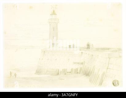 Eine Küstenszene mit einem hohen Leuchtturm am Rande eines Steinpiers, mit Figuren, die lässig am Ufer entlang schlendern. Sanfte Wellen schlagen gegen die Struktur, während weiche Wolken über dem Horizont schweben., Klassische Kunst mit modernem Twist neu interpretiert von Artotop, Dieppe, West Pier, 6. Mai 1854, Edward William Cooke, Englisch, 1811-1880, England, Graphite auf Elfenbeinpapier Stockfoto