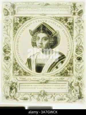 Eine historische Darstellung eines Mannes in historischen Gewändern, mit Rüschenkragen und Hut, umgeben von kunstvollen dekorativen Elementen und Inschriften, die auf eine bedeutsame Figur im Zusammenhang mit der Erforschung oder Entdeckung hinweisen., Klassische Kunst mit modernem Twist neu interpretiert von Artotop, Christopher Kolumbus, Frontispiece aus Band 5 von Theodor de Bry’s Amerika, 1595, zugeschrieben Johann Theodor de Bry (deutsch, 1561-1623 1547), nach Sebastiano del Piombo, 1485 in schwarz gedruckt in Deutschland Stockfoto