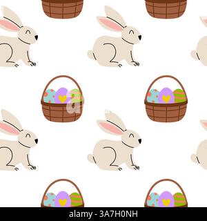 Bunte osterhasen mit dekorierten Eiern in Körben auf einem fröhlichen Hintergrund Stock Vektor
