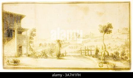 Eine ruhige Landschaft zeigt eine ferne Stadt mit sanften Hügeln, ein paar verstreuten Bäumen und Figuren, die sich an täglichen Aktivitäten beteiligen, eingerahmt von einer architektonischen Struktur auf der linken Seite. Die Szene weckt ein Gefühl der Ruhe und Einfachheit und lädt zur Betrachtung des ländlichen Lebens ein., klassische Kunst mit einem modernen Touch, neu gestaltet von Artotop, Blick auf San Miniato und San Francesco al Monte außerhalb von Florenz, n.d., Valerio Spada, Italienisch, 1613-1688, Italien, Stift und braune Tinte, über Spuren von Graphit, auf braunem Papier Stockfoto