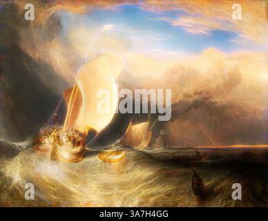 Eine turbulente Meereslandschaft bietet Segelboote, die sich unter einem dramatischen Himmel, der von wirbelnden Wolken und pulsierendem Licht geprägt ist, gegen die abstürzenden Wellen kämpfen. Die Szene vermittelt ein Gefühl des Abenteuers und der Kraft der Natur, während die Schiffe durch abgehackte Gewässer navigieren., Klassische Kunst mit einem modernen Twist von Artotop, Fischerboote mit Hucksters Fishing, 1837/38, Joseph Mallord William Turner, Englisch, 1775-1851, England, Öl auf Leinwand Stockfoto