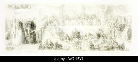 Eine Theaterszene mit einer Gruppe elegant gekleideter Figuren in einer üppigen Umgebung. Auf der Bühne werden Künstler in aufwendigen Kostümen gezeigt, während das Publikum, mit historischen Gewändern geschmückt, aufmerksam beobachtet. Die Atmosphäre vermittelt ein Gefühl von Pracht und dramatischer Spannung und fängt einen Moment künstlerischen Ausdrucks und kultureller Bedeutung ein., Klassische Kunst mit einem modernen Twist, neu interpretiert von Artotop, wie es sein sollte, oder die Damen versuchen einen verächtlichen Schurken für einen Bruch des Versprechens von George Cruikshank's Steel Radiings to the Comic Almanacks: 1835-1853, 1850, gedruckt um 1880, George Cruikshank ( Stockfoto