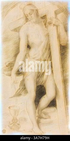 Eine Figur Christi steht mit einem Kreuz, hält einen Kelch in der einen Hand und eine Waage in der anderen, symbolisiert Opfer und Gericht. Er wird mit fließenden Vorhängen dargestellt, die ein Gefühl von Anmut und Hochmut vermitteln., Klassische Kunst mit moderner Note neu interpretiert von Artotop, Christus mit dem Kreuz, um 1530, Circle of Rosso Fiorentino, Italienisch, 1494-1540, Italien, Schwarze Kreide, auf cremefarbenem Papier, auf braunem Papier gelegt Stockfoto
