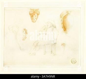 A seated figure in a relaxed pose is depicted, adorned with a large hat, surrounded by abstract motifs and ornamental shapes. The gentle lines and faint colors create an ethereal atmosphere., Classic art with a modern twist reimagined by Artotop, Sketches of Seated Man, Medici Coats of Arms, n.d., Attributed to Stefano della Bella, Italian, 1610-1664, Italy, Black and red chalk, with traces of pen and brown ink, on ivory laid paper, laid down on ivory laid paper Stockfoto