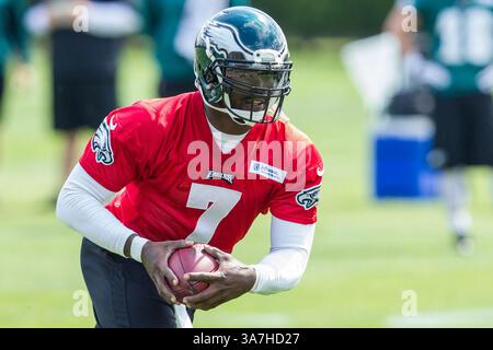 13. Mai 2013: Philadelphia Eagles Quarterback Michael Vick (7) kämpft mit dem Ball während der Philadelphia Eagles OTA im NovaCare Complex in Philadelphia, Pennsylvania. (Bild: © Chris Szagola/Cal Sport Media/ZUMAPRESS.com) Stockfoto