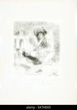 Ein Mann sitzt auf einer Holzbank, vertieft in eine Aufgabe, während ein Hund in der Nähe beobachtet. Die Szene fängt einen Moment der Ruhe in einer rustikalen Umgebung mit einem Zaun und Bäumen im Hintergrund ein., Klassische Kunst mit modernem Touch, neu interpretiert von Artotop, Les Propos de Thomas Vireloque: Brains Cracked-but Bottles, 1853, Paul Gavarni, Französisch, 1804-1866, Frankreich, Lithographie in Schwarz auf cremefarbenem Webpapier Stockfoto