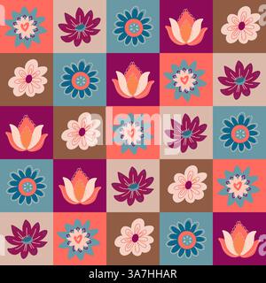 Nahtloses, kariertes Patchwork-Muster mit Blumenmuster in Vintage-Tönen. Stock Vektor