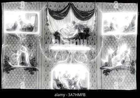 Eine Sammlung komplizierter Szenen, die intime und pflegende Momente zwischen Figuren darstellen, umgeben von eleganten Vorhängen und ornamentalen Mustern, die Themen der Liebe, der Familie und des häuslichen Lebens darstellen., Klassische Kunst mit moderner Note neu interpretiert von Artotop, L’Amour et Psyche (Cupid and Psyche) (Möbelstoff), um 1810, entworfen von Jean Baptiste Huet (Französisch, 1745–1811), hergestellt von Christophe Philippe Oberkampf (Französisch, 1738–1815), Frankreich Josas-Jouy-Jouy-Jouy-Jouy-Jouy-Frankreich Baumwolle, Leinwandbindung, Rollendruck mit Gravur Stockfoto