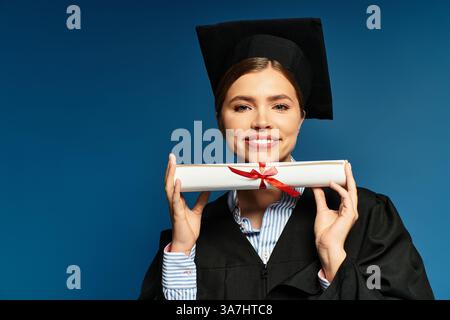 Eine stolze junge Frau hält ihr Diplom, gebunden mit einem roten Band, und feiert ihre harte Arbeit. Stockfoto