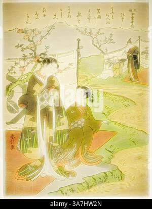 Zwei elegant gekleidete Figuren in traditionellen Gewändern treffen sich neben einem ruhigen Fluss, der mit blühenden Bäumen geschmückt ist. Im Hintergrund agieren Figuren in einer ruhigen, pastoralen Landschaft, alles unter einem bogenförmigen Himmel, der auf eine reiche kulturelle Erzählung hinweist., Klassische Kunst mit einer modernen Wendung neu interpretiert von Artotop, der dritte Monat (Yayoi), aus der Serie populäre Versionen von Unsterblichen Dichtern in vier Jahreszeiten (Fuzoku shiki kasen), um 1768, Suzuki Harunobu 鈴木 春信, Japanisch, 1725 (?)-1770, Japan, Farbholzdruck Chuban Stockfoto