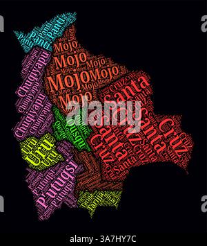 Bolivien Regionen Wortwolken. Helles Neondesign auf dunklem Hintergrund. Regionale Namen des Landes in spanischer Sprache. Stock Vektor