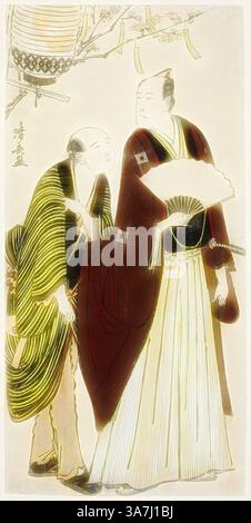 Zwei elegant gekleidete Figuren stehen intim miteinander, eine in einem fließenden Gewand und die andere in einem traditionellen Gewand, umgeben von komplizierten Mustern und Motiven, die auf eine kulturelle Kulisse hinweisen. Die Szene fängt einen Moment der Verbindung ein, mit subtilen Ausdrücken, die auf eine tiefere Erzählung hinweisen., Klassische Kunst mit modernem Twist neu interpretiert von Artotop, dem Schauspieler Ichikawa Danjuro V und seinem Begleiter, aus einer unbenannten Serie von Prints, die Schauspieler im Privatleben zeigen, um 1783, Torii Kiyonaga, Japanisch, 1752-1815, Japan, Farbholzdruck, Hosoban Stockfoto