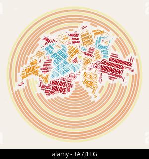 Poster Schweiz rund. Typographische Darstellung des Landes. Regionen Wortwolken der Schweiz. Vintage-Design mit Kratzstruktur. Stock Vektor
