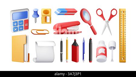 3D Schreibwaren Werkzeugsatz isoliert. Stock Vektor