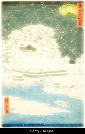 Eine ruhige Szene, die eine ruhige Landschaft mit einem ruhigen Wasserkörper darstellt, der ein entferntes, schneebedecktes Haus und Bäume reflektiert. Anmutige Linien deuten auf sanften Schneefall hin, während ein traditionelles Fanmotiv einen künstlerischen Touch verleiht. Zwei Figuren in einem kleinen Boot gleiten leise über den See und erwecken ein Gefühl von Frieden und Harmonie., Klassische Kunst mit modernem Twist neu interpretiert von Artotop, Imado-Brücke und Matsuchi-Hügel (Imadobashi Matsuchiyama), aus der Serie 36 Ansichten der östlichen Hauptstadt (Toto sanjurokkei), 1862, Utagawa Hiroshige II (Shigenobu), Japanisch, 1826–1869, Japan, Farbholzdruck oba Stockfoto