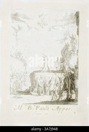 Eine dramatische Szene, in der eine Figur triumphierend auf einem Felsvorsprung steht, umgeben von anderen Figuren und detaillierten Details im Hintergrund, die auf eine große Erzählung oder ein historisches Ereignis hinweisen. Der Himmel darüber ist von dynamischen Wolken und strahlendem Licht erfüllt, was das Gefühl der Bedeutung und des Dramas in der Komposition erhöht., Klassische Kunst mit einem modernen Twist, neu erfunden von Artotop, das Martyrium des heiligen Paulus, Platte zwei aus den Märtyrern der Apostel, n.d., Jacques Callot, Französisch, 1592-1635, Frankreich, Ätzen auf Papier Stockfoto