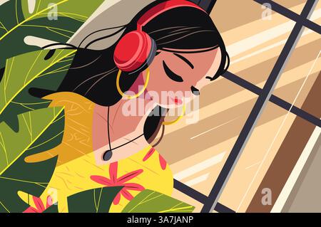 Farbenfrohe Illustration einer Frau, die Musik mit Kopfhörern hört und Freude ausstrahlt. Das Design bietet lebendige Klangwellen und einen modernen, flachen Stil Stock Vektor