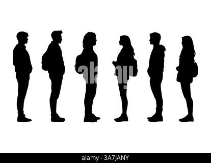 Vektor-Silhouetten von Männern und Frauen, eine Gruppe von stehenden Profis, Seitenansicht, schwarz-weiße Farbe isoliert auf einem weißen Hintergrund. Stock Vektor