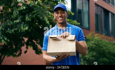 Lächelndes glückliches Porträt sorgloser afroamerikanischer Mann Liefermann männlicher Kurier Postmann, der Papiertüte Lebensmittellieferung Paketgeschäft hält Stockfoto