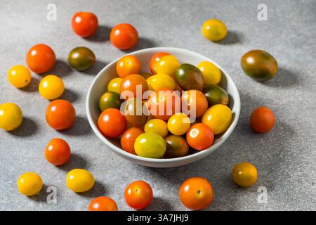 Bunter Bio-Kirschtomaten in einer Schüssel zum Kochen Stockfoto