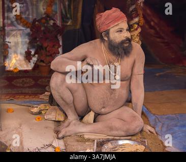 9. Februar 2013 - Allahabad, UP, Indien - eine Asche bedeckt Naga Sadhu der Juna Akhara. Schätzungsweise 30 Millionen Menschen versammelten sich in Allahabad für ein heiliges Bad am Sangam, dem Zusammenfluss der heiligen Flüsse Ganges, Yamuna und Saraswati am Mauni Amavasya Tag, 10. Februar 2013. Hindus glauben, dass das Universum an diesem Tag geschaffen wurde und dass ein Bad ihre Sünden wegwaschen und ihnen helfen würde, ihre Erlösung zu erreichen. (Bild: © Jiti Chadha/ZUMAPRESS.com) Stockfoto