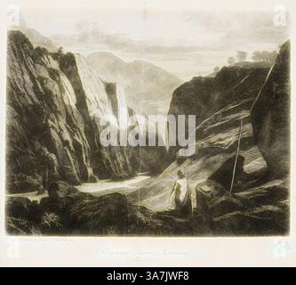 Eine ruhige Landschaft, die einen zerklüfteten Canyon mit hoch aufragenden Klippen und einem sich windenden Fluss darstellt. Im Vordergrund blickt eine einsame Figur über die dramatische Landschaft, umgeben von üppiger Vegetation und fernen Hügeln unter einem sanft bewölkten Himmel., Klassische Kunst mit modernem Touch neu interpretiert von Artotop, Saint Jerome, 1840, Charles Francois Daubigny, Französisch, 1817-1878, Frankreich, Ätzen auf Elfenbeinpapier Stockfoto