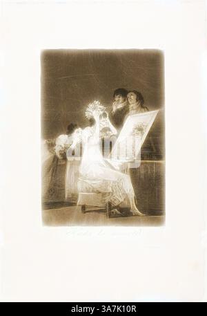 Eine sitzende Frau in einem fließenden Kleid untersucht ihre Reflexion, während zwei Figuren sie von hinten beobachten und eine Atmosphäre von Intrigen und Kunstfertigkeit schaffen., Klassische Kunst mit modernem Twist neu interpretiert von Artotop, Till Death, Platte 55 aus Los Caprichos, 1797/99, Francisco José de Goya y Lucientes, Spanisch, 1746-1828, Spanien, Etching, brünierter Aquatint und Trockenpunkt auf elfenbeinfarbenem Büttenpapier Stockfoto