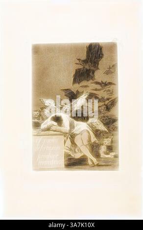 Eine Figur liegt in einer kontemplativen Pose, umgeben von ätherischen Kreaturen, die Eulen und Fledermäusen ähneln, umgeben von einer Atmosphäre traumhafter Ambiguität, die Themen der Introspektion und des surrealen evoziert. Die unheimliche Präsenz der Tiere fügt eine eindringliche Qualität hinzu und verstärkt das Gefühl des Geheimnisses., Klassische Kunst mit einem modernen Twist neu interpretiert von Artotop, The Sleep of Reason Products Monsters, Platte 43 aus Los Caprichos, 1797/99, Francisco José de Goya y Lucientes, Spanisch, 1746-1828, Spanien, Ätzen und Aquatint auf elfenbeinfarbenem Büttenpapier Stockfoto