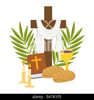 Symbole der Heiligen Kommunion mit Kreuz, Brot, Wein, Bibel, Kerzen, und Palmblätter Stock Vektor