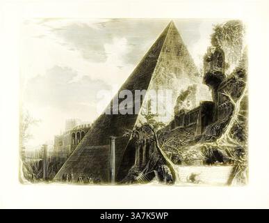 Eine riesige Pyramide erhebt sich über einer alten Landschaft, umgeben von zerbröckelnden Ruinen und verschlungener Vegetation. Im Vordergrund schuftet eine Figur in der Nähe einer Steinstruktur, wobei die fernen Überreste einer großen Mauer sichtbar sind. Dramatische Wolken füllen den Himmel und verleihen der Szene ein Gefühl von Mysterium., Klassische Kunst mit modernem Twist neu interpretiert von Artotop, die Pyramide von Gaius Cestius, aus Ansichten von Rom, 1750/59, veröffentlicht 1800–07, Giovanni Battista Piranesi (Italienisch, 1720-1778), herausgegeben von Francesco (Italienisch, 1758-1810) und Pietro Piranesi (Italienisch, geb. 1758/59), Italien, Ätzt auf schwerem Elfenbein Papier Stockfoto