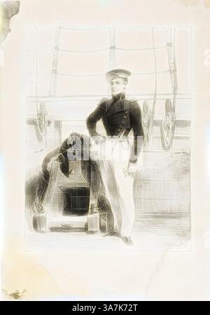 Ein Seemann steht selbstbewusst auf dem Deck, gekleidet in einer traditionellen Marineuniform, während eine andere Figur im Hintergrund arbeitet. Die Szene fängt das Wesen des maritimen Lebens ein, mit Seilen und Schiffseinrichtungen, die die Umwelt umrahmen., Klassische Kunst mit modernem Touch, neu interpretiert von Artotop, Royal Navy, Line Crew, Ship’s Ensign, 1830–33, Denis Auguste Marie Raffet, Französisch, 1804-1860, Frankreich, Lithografie in Schwarz auf elfenbeinfarbenem Webpapier Stockfoto