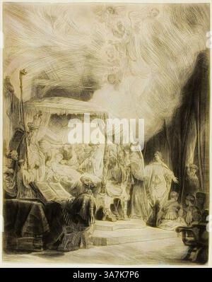Die Szene zeigt einen dramatischen Moment um ein Bett, in dem sich Gehilfen und Figuren um eine zentrale Figur herum befinden und eine Atmosphäre der Ehrfurcht und des Festes vermitteln. Die obigen Figuren deuten auf eine spirituelle oder ätherische Präsenz hin, die das emotionale Gewicht der Versammlung erhöht. Reiche Texturen und komplizierte Details lenken die Aufmerksamkeit auf die Ausdrücke und Interaktionen zwischen den Charakteren., Klassische Kunst mit modernem Twist neu interpretiert von Artotop, der Tod der Jungfrau, 1639, Rembrandt van Rijn, Niederländisch, 1606-1669, Holland, Ätzen und Trockenspitze auf elfenbeinfarbenem Papier Stockfoto