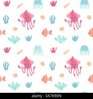 Niedliche Meeresbewohner Muster mit Tintenfisch, Quallen und Fischen auf weißem Hintergrund. Stock Vektor