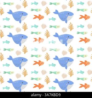 Skurrile Meereslebewesen mit Walen, Fischen und Korallen. Stock Vektor